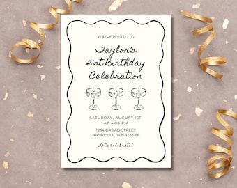 Invitación de Espresso Martini para 21 cumpleaños – Cóctel dibujado a mano – Plantilla editable de Canva – Descarga instantánea