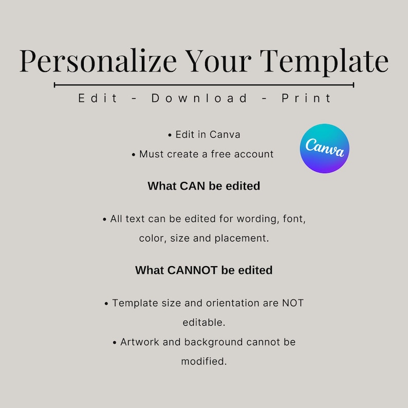 Puede incluir: Gr&aacute;fico gris claro con el texto "Personalize Your Template". El texto detalla las opciones de edici&oacute;n, incluyendo redacci&oacute;n, fuente, color, tama&ntilde;o y colocaci&oacute;n. El logotipo de Canva es visible.