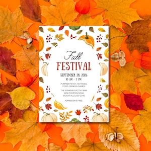 May include: A poster advertising a fall festival, set against a backdrop of orange and yellow autumn leaves. The poster features the text "Fall Festival", date, time, and location details, with pumpkin and leaf illustrations.