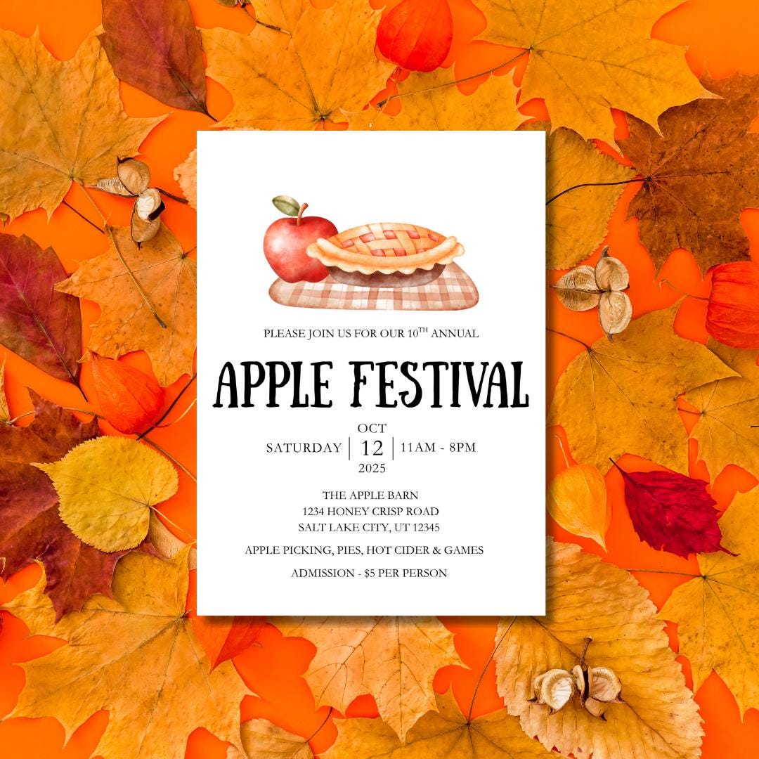 Apple Festival Invitation – Apple Pie Theme – Editable Canva Template ...