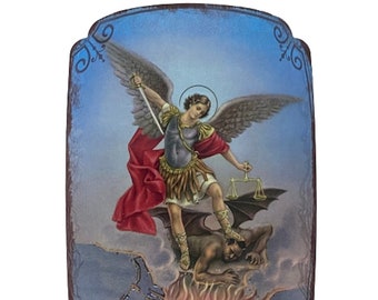 San Miguel Arcangel/ Saint Michael the Archangel 7 5/8" x 5 5/16" Inch Resin Pergamino Plaque Table Top Display Wall Mount New