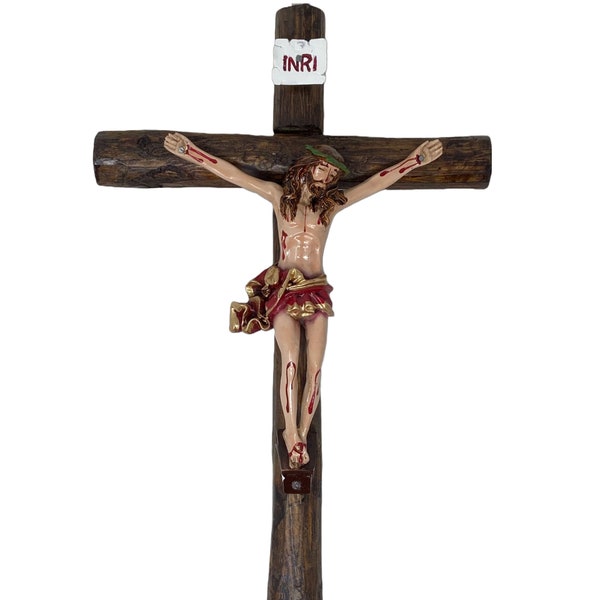 Jesus en la Cruz | Jesus on the Cross 15 Inch Wooden Crucifix Finely Detailed Handcrafted Red Cloak New