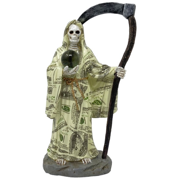 Santa Muerte Dinero All Print 8 Inch Figura de Resina Artesanal Decoración Hogar Holy Death Resin Figurine Home Decor 98693 New