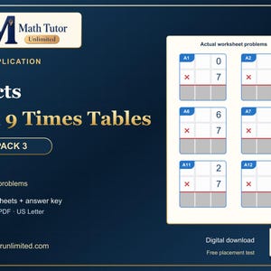 May include: A digital educational resource titled Math Tutor Unlimited Multiplication Facts 7 & 9 Times Tables Pack 3. It features 500 practice problems, 10 worksheets, an answer key, and a QR code for a free placement test on a dark blue background.