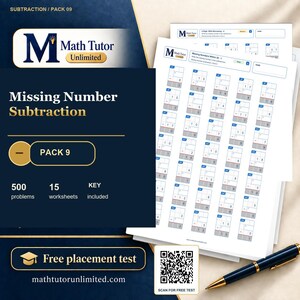 Può includere: Un set di schede di sottrazione Math Tutor Unlimited, pacchetto 9, con 500 problemi su 15 pagine e chiave di risposta inclusa. Il documento contiene un codice QR per un test di posizionamento gratuito e l'indirizzo web mathtutorunlimited.com.