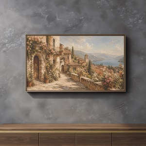 Italiensk bykonst med ram för TV | Terrakottatak och stenarkitektur | Sommar europeisk väggdekoration för Samsung Frame TV