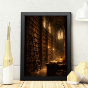 May include: Framed print of a library interior with tall bookshelves, a wooden ladder, and a desk with books. The artwork has a warm, sepia-toned color palette, creating a vintage aesthetic. A decorative vase and geometric shapes are in the foreground.