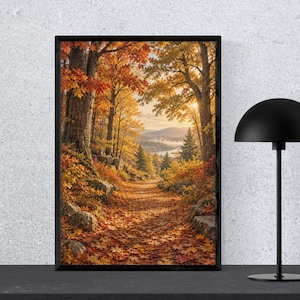 May include: A rectangular framed wall art print depicting a forest path covered in fallen orange, yellow, and red autumn leaves. Tall trees with vibrant fall foliage frame the scene, leading to a distant view of mountains and a lake at sunrise.
