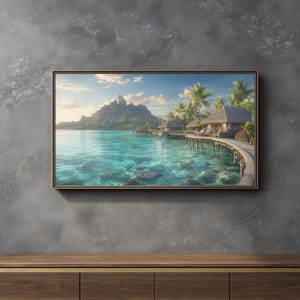 May include: A rectangular framed wall art print featuring a tropical landscape with overwater bungalows, a wooden walkway, turquoise water, and a large mountain peak under a soft sky. The scene includes lush green palm trees along the shoreline.