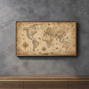 May include: A rectangular wall art piece featuring a vintage-style world map printed on aged, tan-colored parchment paper. The map displays detailed continents, multiple compass roses, and small illustrations of sailing ships in a dark frame.