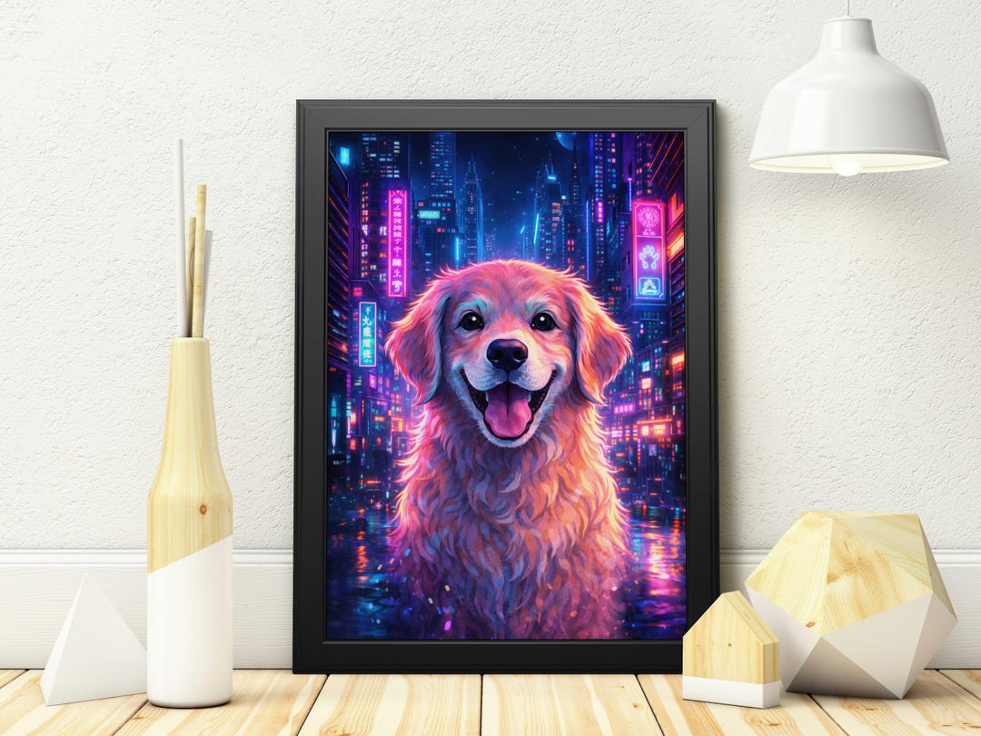Cyberpunk Golden Retriever Rolled Poster, Neon Dog Wall Art Print ...