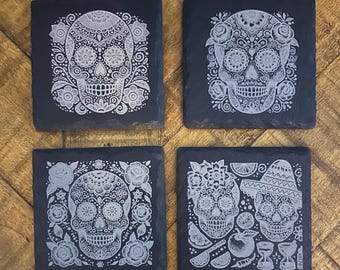 Custom Engraved Coasters-Original Sugar Skull Designs, 4-pack