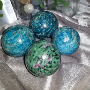 Neon Blue Apatite Spheres and Tower, Ruby Zoisite, and Ruby Kyanite Sphere | Natural Crystal  | Genuine Gemstone