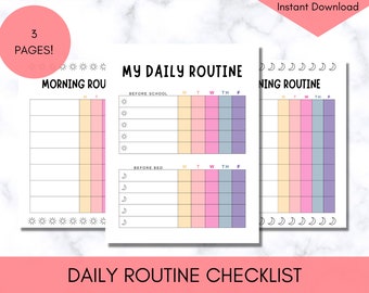 Op de afbeelding: Printbare dagelijkse routine-checklist met drie pagina's. De checklist is verdeeld in ochtend- en avondroutines met secties voor voor school en voor bedtijd. Elke sectie heeft een raster voor elke dag van de week, van maandag tot en met vrijdag.