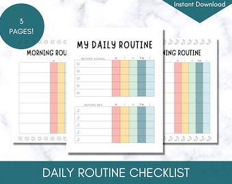Op de afbeelding: Een driepagina's tellende dagelijkse routine checklist met de tekst "My Daily Routine" en "Morning Routine". Elke pagina heeft een kleurrijk raster voor het bijhouden van taken, met zon- en maaniconen. De woorden "3 PAGES!" staan in een cirkel.