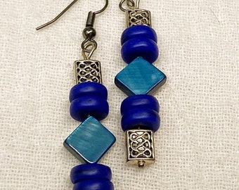 Blue shell and ceramic drop/dangle earrings with steel accents