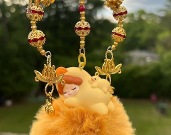 Handmade Beaded Keychain Gold Pom Pom with mini figure
