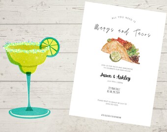 Könnte beinhalten: Eine weiße Einladungskarte mit einer Aquarell-Illustration eines Tacos und dem Text "Marg's and Tacos". Die Einladung ist für eine Einweihungsparty für Jason & Ashley am 19. Juli um 15:30 Uhr. Die Adresse lautet 123 Main Street, All, AR, 20001. Bitte melde dich bis zum 1. Juli bei Ashley unter (555) 555-3553.