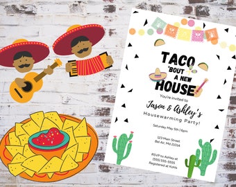 Könnte beinhalten: Eine Einladung zu einer Einweihungsparty mit Taco-Thema. Die Einladung zeigt ein farbenfrohes Banner, einen Cartoon-Taco und den Text "Taco 'Bout A New House". Die Einladung enthält auch die Namen "Jason & Ashley", das Datum und die Uhrzeit der Party sowie die Adresse.