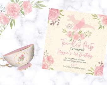 Editable, Fiesta del Té, Fiesta de Cumpleaños, Invitación, Dinosaurio, Cumpleaños T-rex, Cumpleaños de Niña, Invitación