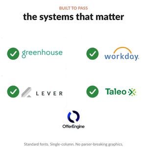 Op de afbeelding: Witte afbeelding met de tekst "BUILT TO PASS" boven "the systems that matter". Logo's voor Greenhouse, Workday, Lever, Taleo en OfferEngine worden weergegeven. De tekst "Standard fonts. Single-column. No parser-breaking graphics." staat onderaan.