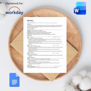 May include: A resume with the name "Alex Chen" and the Workday logo, along with a Microsoft Word icon and a Google Docs icon, rests on a wooden plate. The resume is in a manila envelope.