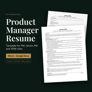 Op de afbeelding: Een digitaal cv-sjabloon voor productmanagers met twee witte pagina's met zwarte tekst, inclusief een begeleidende brief en cv voor Jordan Ellis. De tekst bevat "OFFERENGINE", "Product Manager Resume" en "Word + Google Docs".