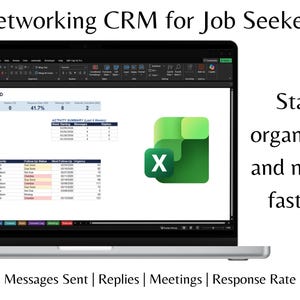 May include: A laptop screen displaying a spreadsheet labeled "Networking Dashboard" with data tables and a green Excel logo. Text reads "Networking CRM for Job Seekers" and "Stay organized and move faster."