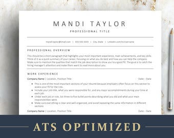 May include: A black and white resume template with the text "MANDI TAYLOR" and "PROFESSIONAL TITLE" at the top. The template includes sections for "PROFESSIONAL OVERVIEW" and "WORK EXPERIENCE". The text "ATS OPTIMIZED" is at the bottom of the page.