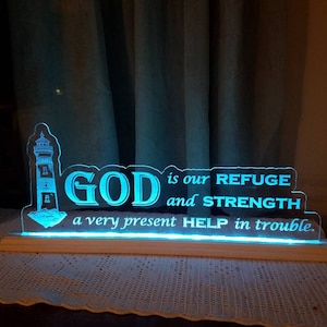 Edge lit acrylic Scripture sign / nightlight.  Color changing, USB power, remote controlled.