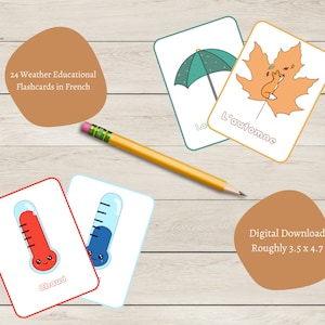Flashcards meteorológicos franceses (contagem de 24), PDF digital para impressão, presente educacional, cartões de aprendizagem para crianças