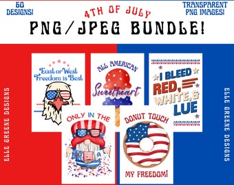 4th of July PNG JPEG BUNDLE! 60 Fun Patriotic Designs in Red, White and Blue can be used with Cricut Design Space!