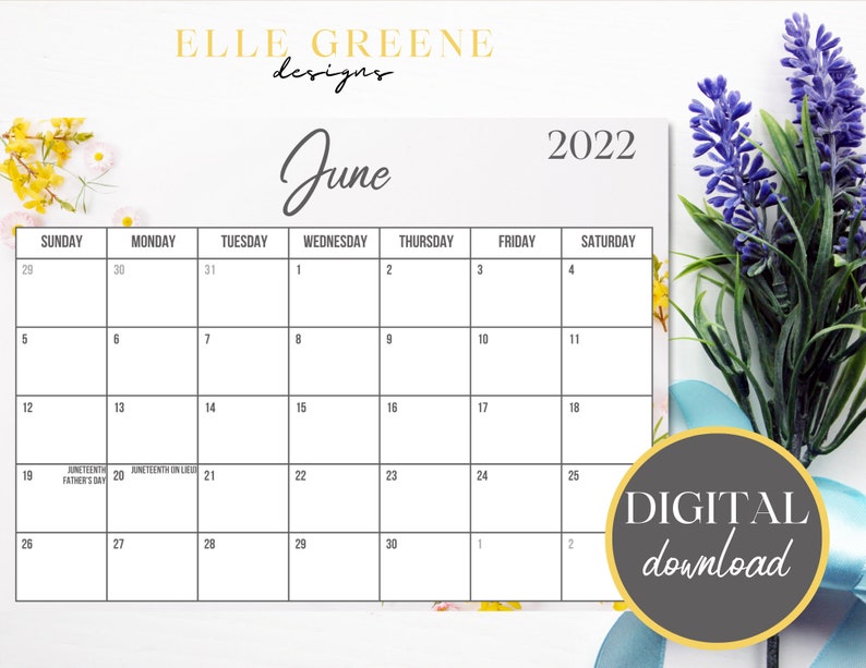 june 2022 calendar with holidays printable us letter size etsy
