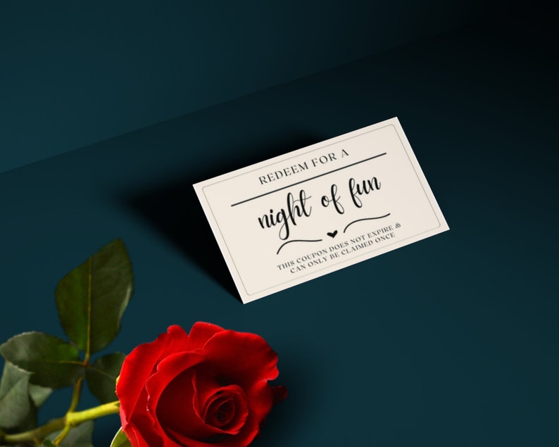 Night of Fun coupon card with red rose on table
