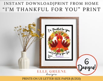 Im Thankful For You Gift, Kids Keepsake Gift, Thanksgiving Kid Gift,  Fall Autumn DIY Gift, Daycare and Elementary Activity, Color Printable