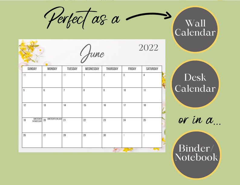 june 2022 calendar with holidays printable us letter size etsy