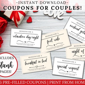 Pre-filled coupon cards on a table with roses. Instant download. Coupons for couples. 16 pre-filled coupons. Print from home. Includes blank pages