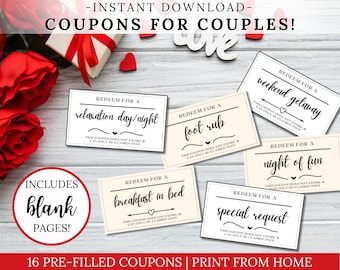 Coupons for Couples! 16 Pre-filled & Blank Coupon Cards | Valentine's Day Gift | Date Night | Gift for Husband Wife Boyfriend Girlfriend