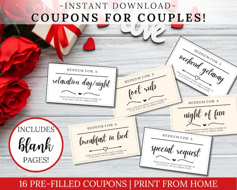 Pre-filled coupon cards on a table with roses. Instant download. Coupons for couples. 16 pre-filled coupons. Print from home. Includes blank pages