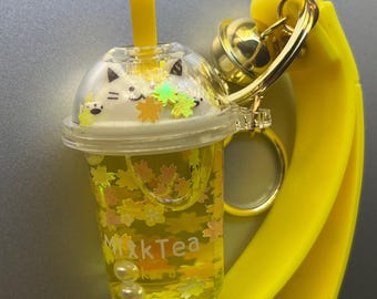 Kawaii Shaker Sakura Cat Milk Tea Keychain