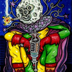 May include: A cartoon character with a moon-shaped head wearing a purple and green costume with stars. The character is holding a silver and blue weapon and is sitting on a purple and pink surface. The background is a dark blue with silver stars.