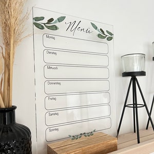 Acrylic glass menu planner wipeable | Menu plan | 7 day planner | Weekly plan | Meal Planner | Wall planner menu | Eucalyptus | Menu planner wall