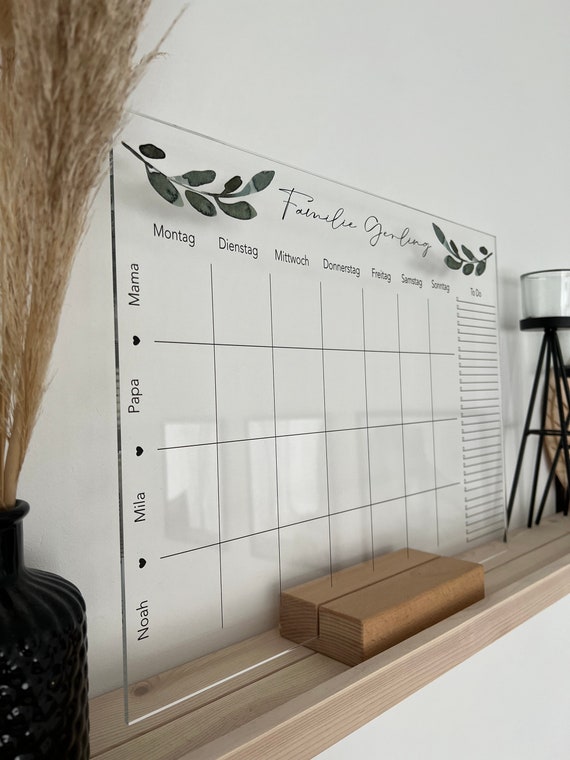 Acrylglas Wochenplaner abwischbar | Wochenplan | wiederverwendbar | Familienplaner |Notizen | Terminkalender | Wandkalender | Montaskalender