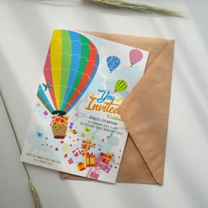 Cartão de aniversário com balão de ar quente Download digital - Cartão de convite de aniversário Menino - Modelo de convite de aniversário - Convite de aniversário editável
