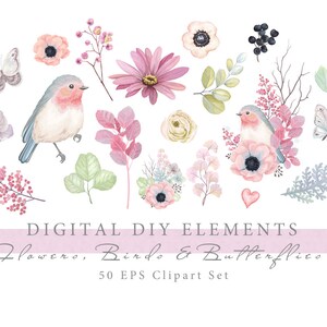 Spring Floral and Bird Illustration EPS Vector File - Watercolor Birds and Butterflies Clipart - Beautiful and Versatile for Any Project