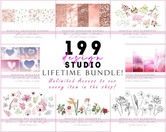 May include: A collage of digital design elements, including floral patterns, glitter textures, watercolor flowers, and line art illustrations. The text "199 design STUDIO LIFETIME BUNDLE! Unlimited Access to our every item in the shop!" is displayed in pink and white.