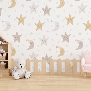 Dreamy Nursery Wallpaper - Descargar Starry Sky and Moon Digital - Twinkle Twinkle Little Star Wallpaper - Stars and Moon Digital Print