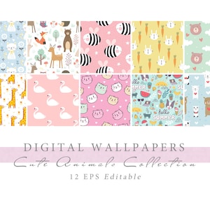 Cute Animal Print Wallpaper - Digital Animal Art Wallpaper - Safari Animal Wallpaper - Printable JPEG - For Kids&#39; Rooms and Nursery Decor