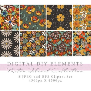 Puede incluir: Conjunto de ocho patrones florales digitales en estilo retro. Los patrones presentan varias flores en tonos de amarillo, naranja, rojo, rosa y blanco sobre un fondo oscuro. Cada patrón tiene 4500 píxeles por 4500 píxeles.