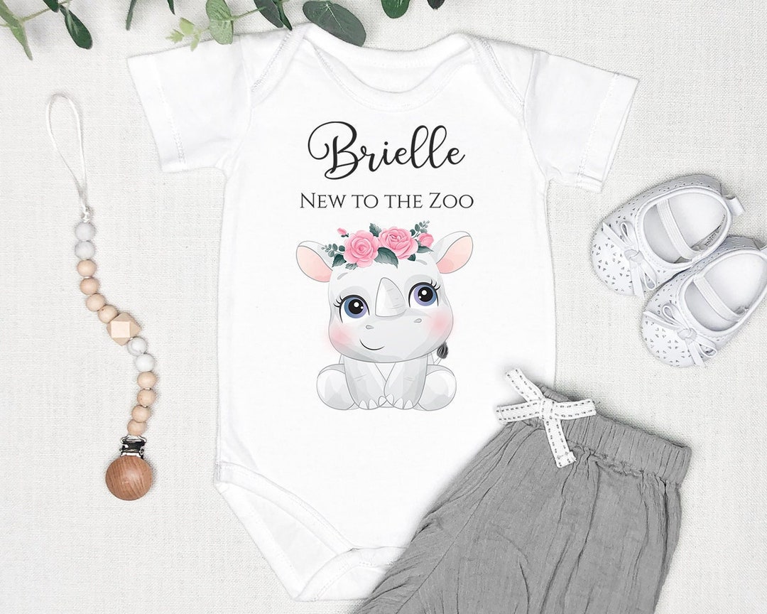 Personalized Rhinoceros Onesie Girl, Custom Baby Girl Onesie Rhino Baby